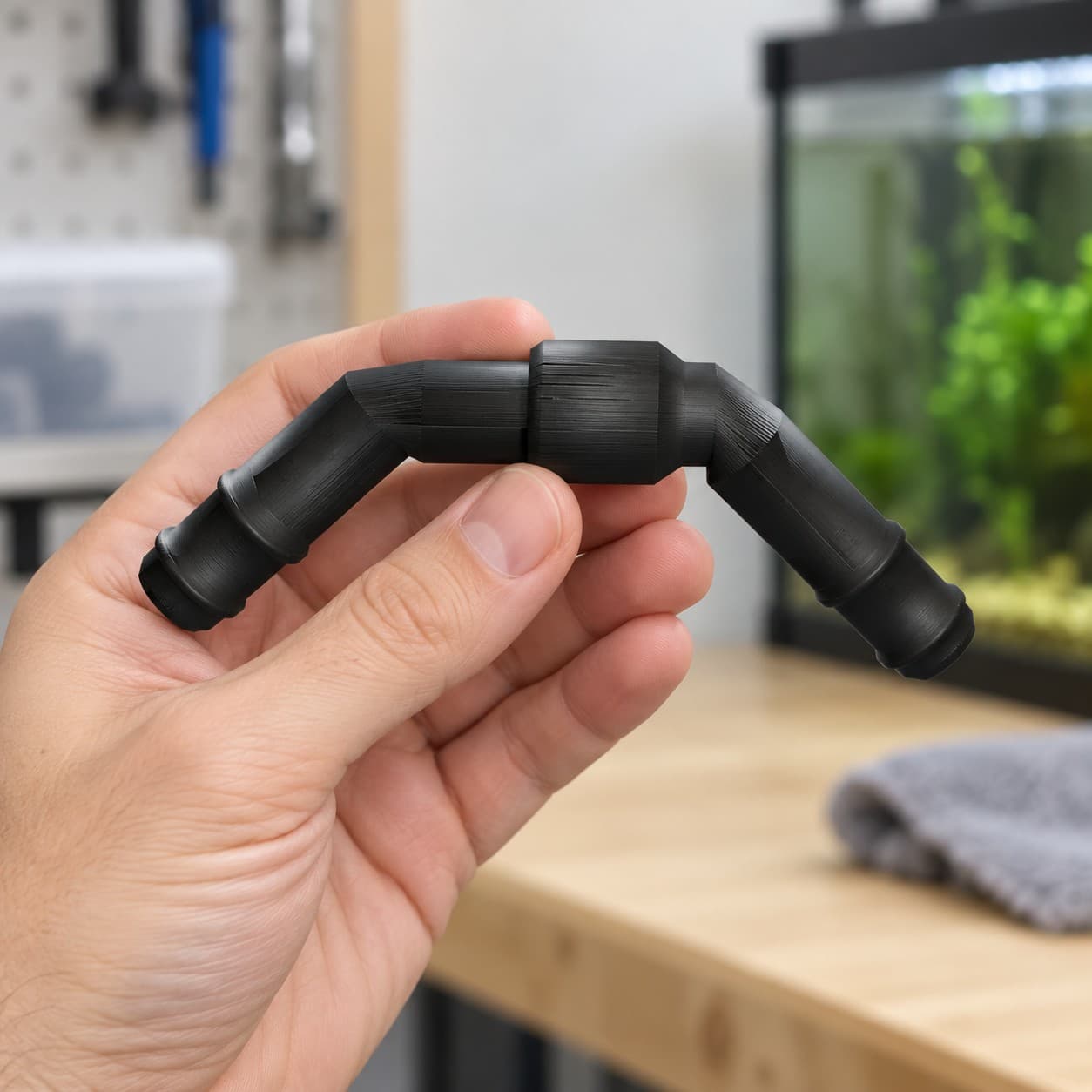 Eheim 12/16mm to 1/2 Inch Vinyl Barb Elbow Adapter, 90 Degree, Black, held in a hand to show its size