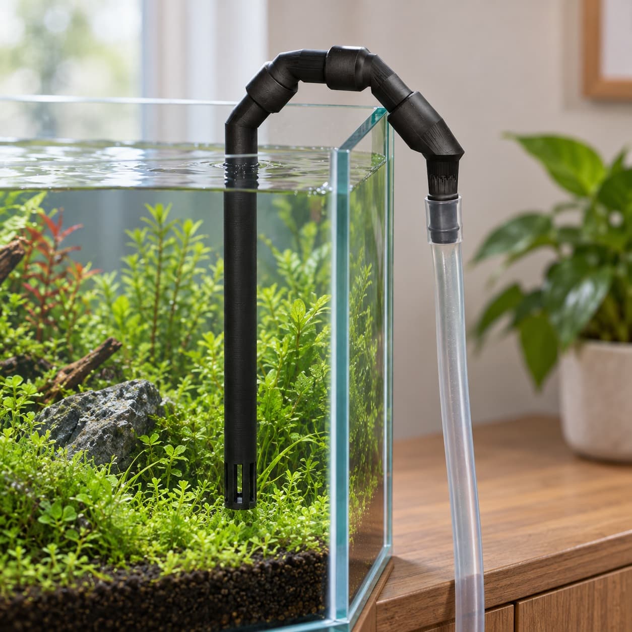 Lily Pipe Inflow Single, Eheim 12/16mm, Replacement, Black, shown in an aquarium setup
