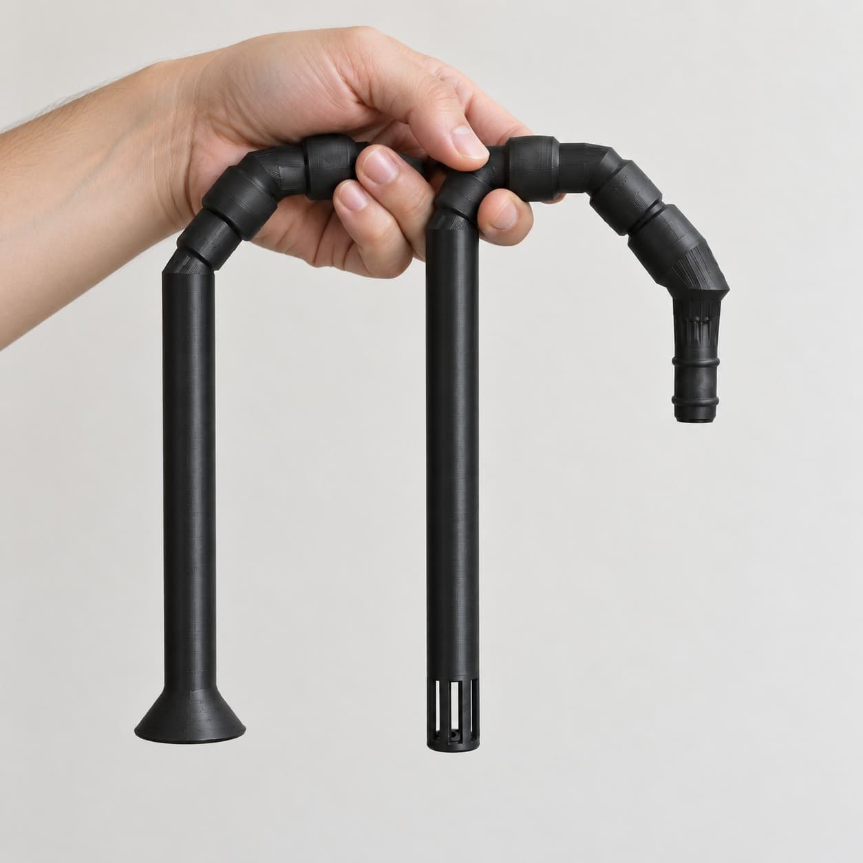 Lily Pipe Inflow + Outflow Pair, Eheim 12/16mm, Black, held in a hand to show its size