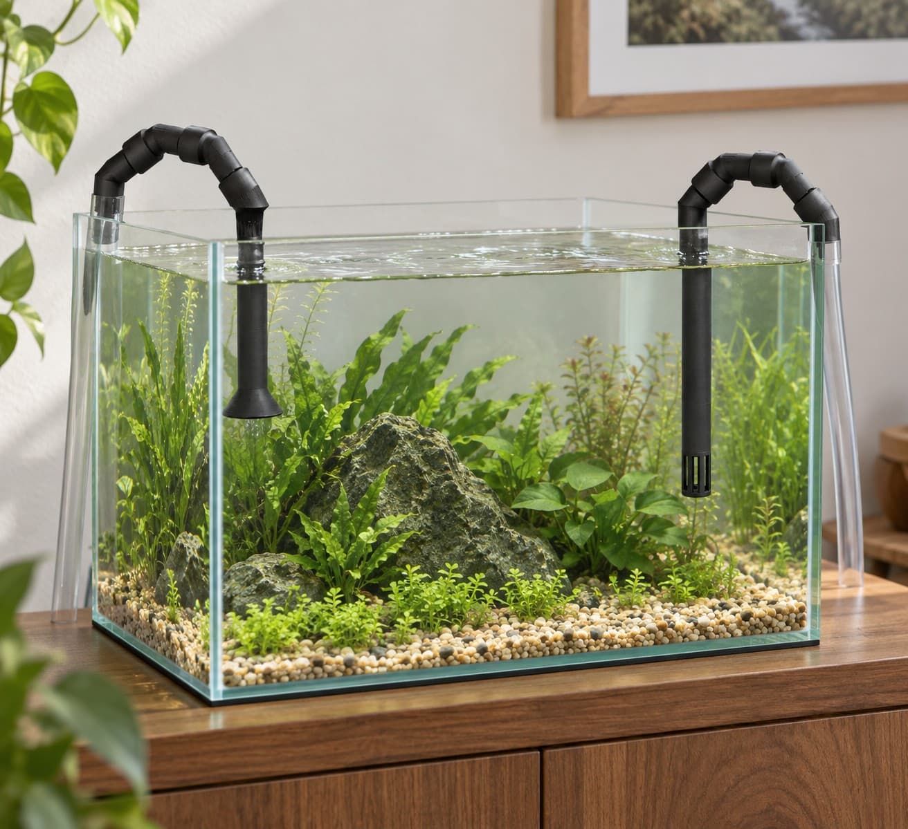 Lily Pipe Inflow + Outflow Pair, Eheim 12/16mm, Black, shown in an aquarium setup