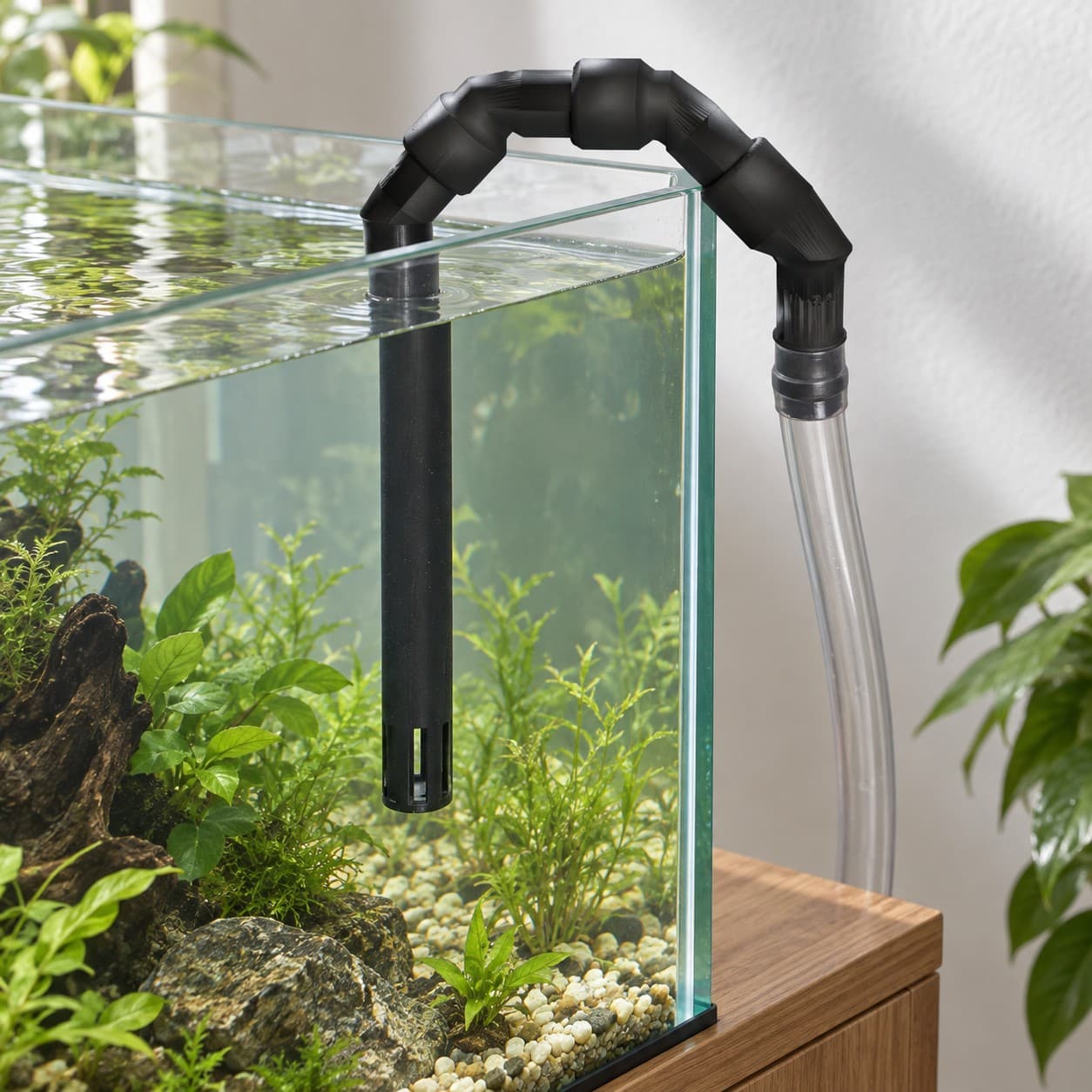 Lily Pipe Inflow Single, Eheim 16/22mm, Replacement, Black, shown in an aquarium setup