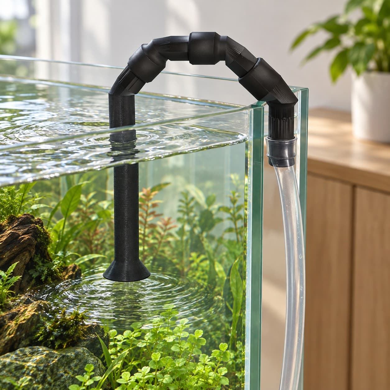 Lily Pipe Outflow Single, Eheim 16/22mm, Replacement, Black, shown in an aquarium setup