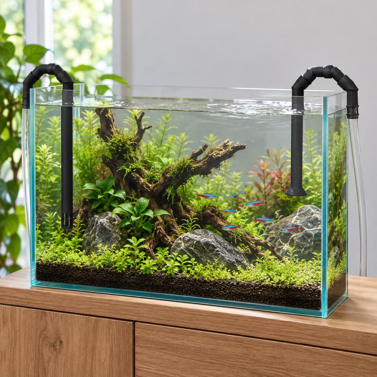 Lily Pipe Inflow + Outflow Pair, Eheim 16/22mm, Black, shown in an aquarium setup