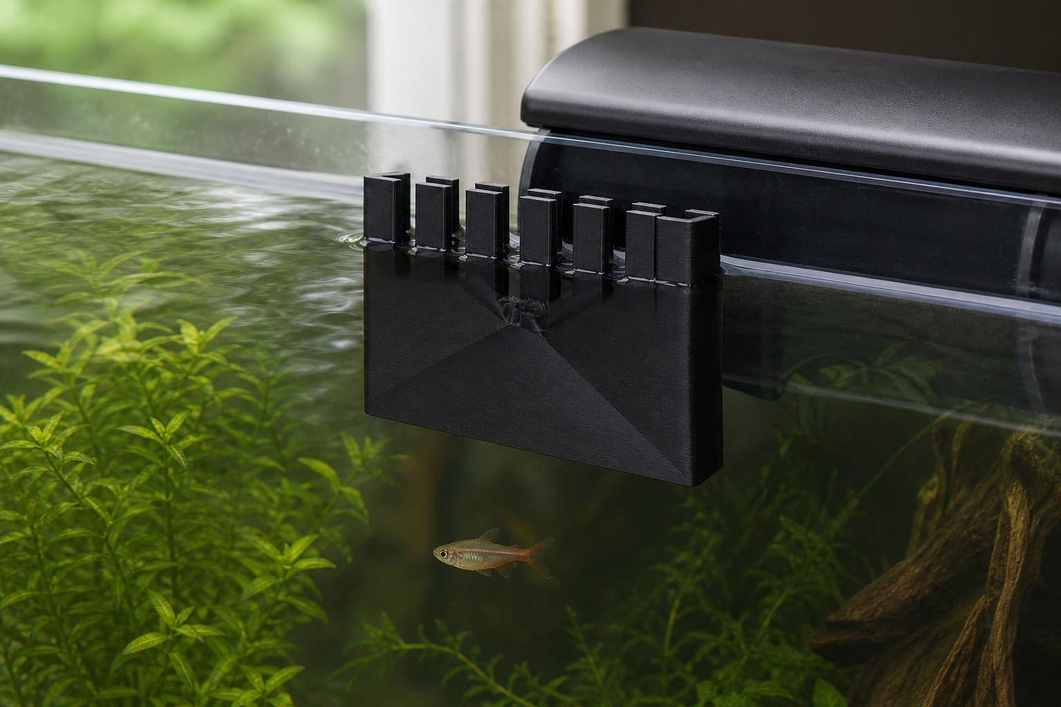 A printed surface skimmer weir sits at the water line on a power filter intake