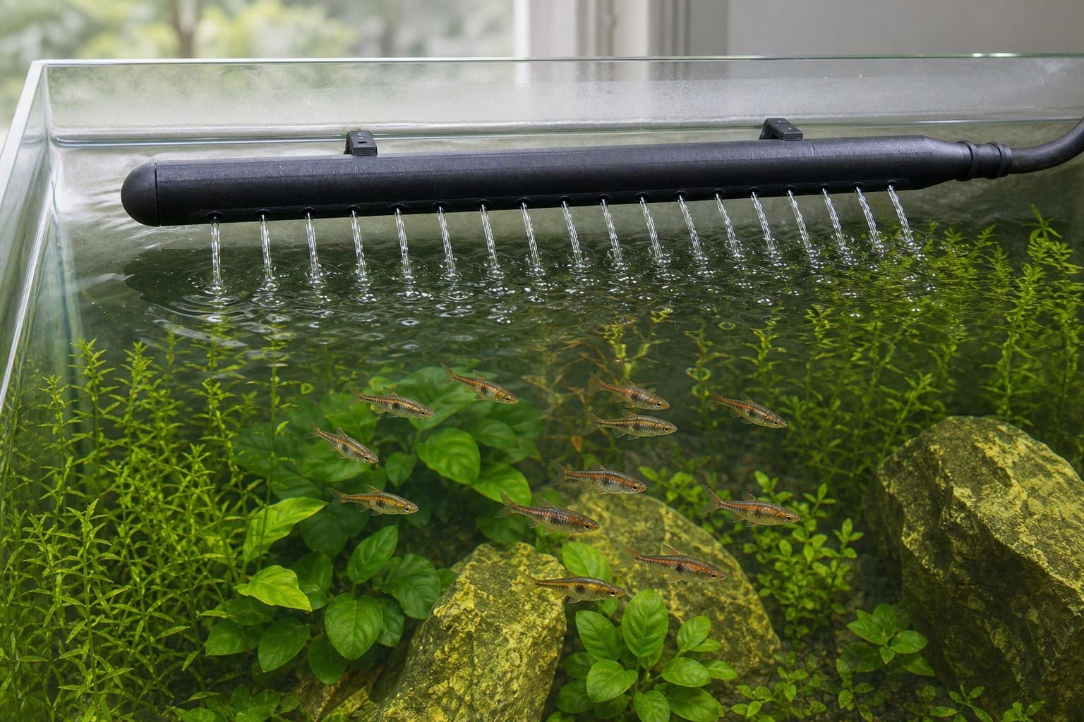 A printed spray bar returns water along the back wall of a planted tank