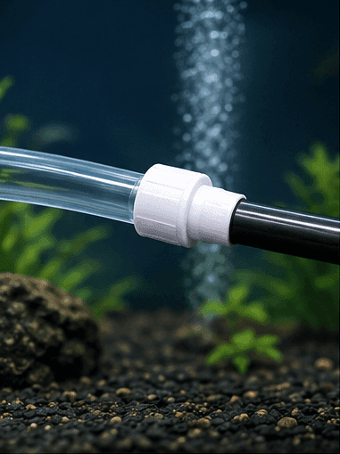 A white coupler joins two hoses inside a planted tank.