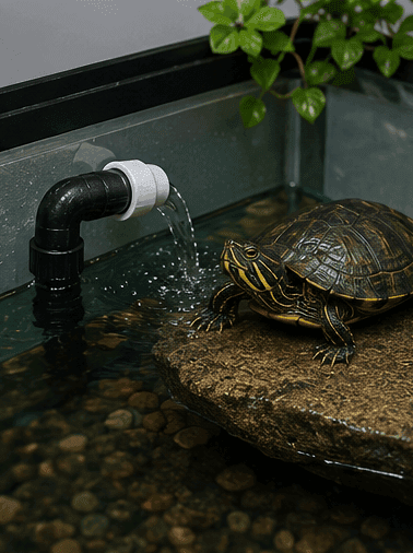 A black elbow return pours water into a turtle tank.