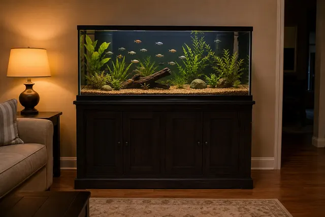 A freshwater community aquarium on a wood stand in a living room.