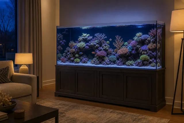 A saltwater reef aquarium with coral on a stand in a living room at dusk.