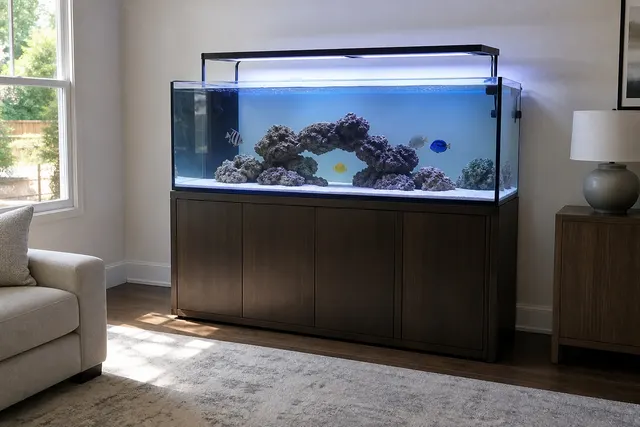 A saltwater aquarium with blue lighting on a cabinet stand beside a window.