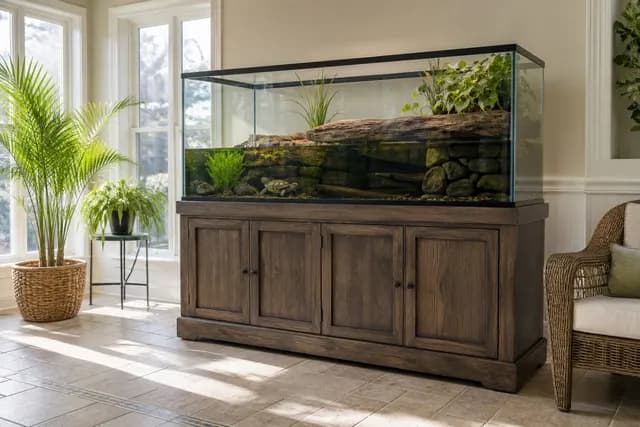 A turtle habitat tank with a basking platform in a bright sunroom.